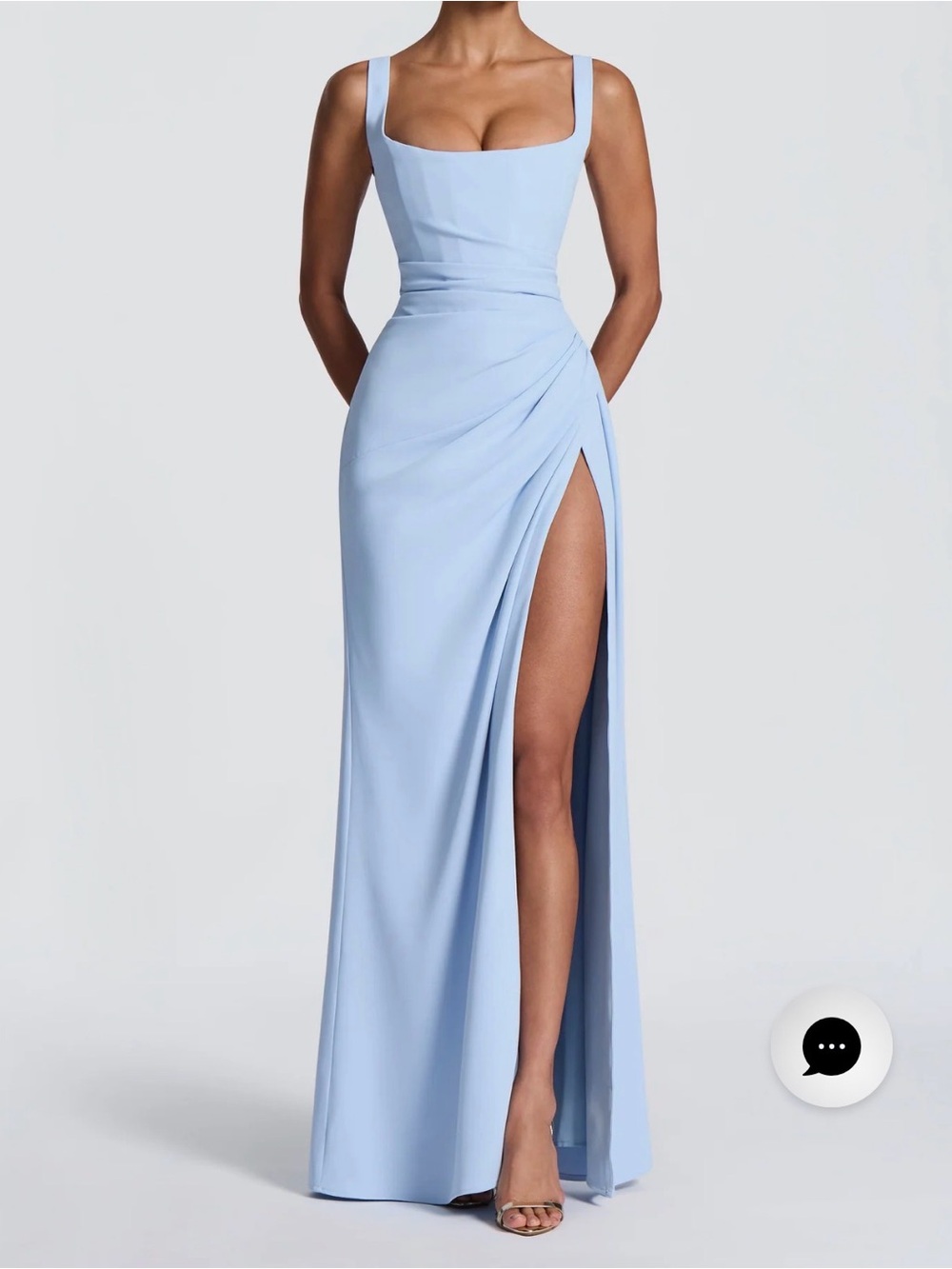 Square-Neck Light Blue Maxi Dress with High Side Slit